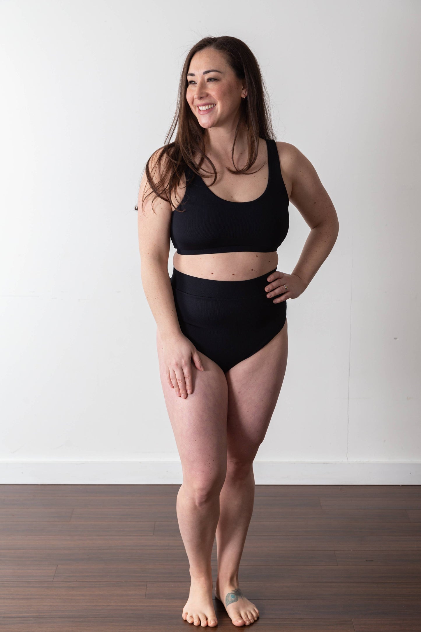 Solid Black Ribbed Women's High Waist Bikini Bottom