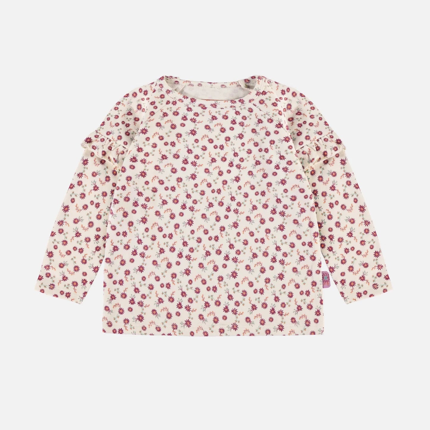 Cream Floral L/S T-Shirt with Ruffles in Jersey