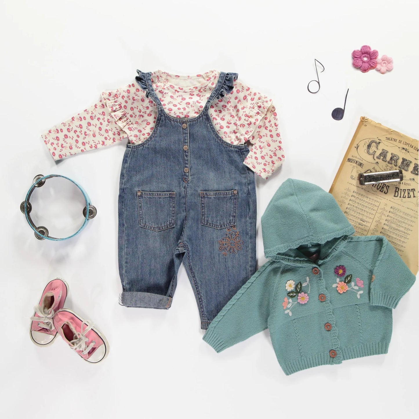 Cream Floral L/S T-Shirt with Ruffles in Jersey