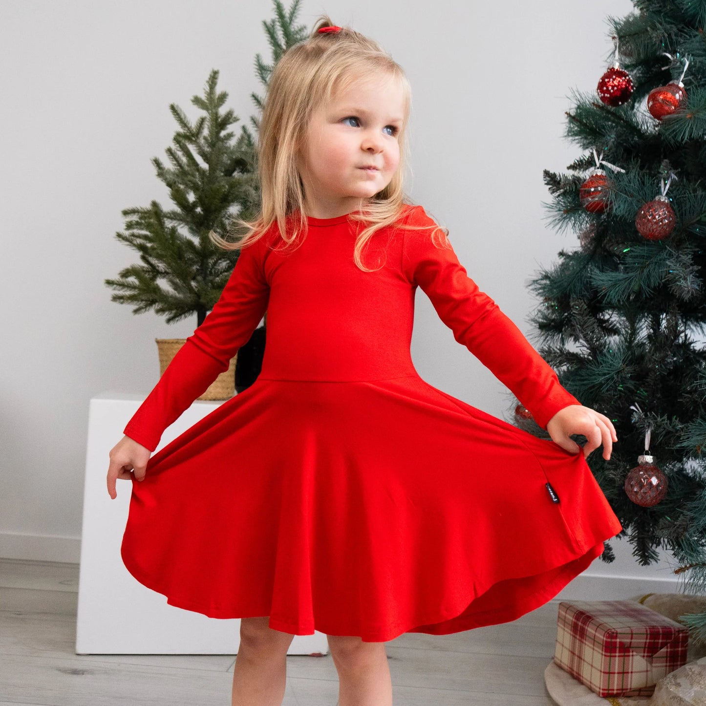 Long Sleeves Twirl Dress - Santa Red