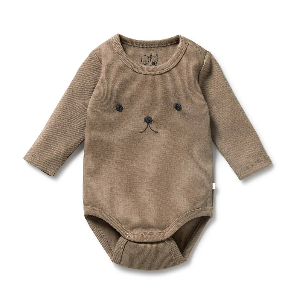 Organic Ribbed Long Sleeved Bodysuit - Walnut