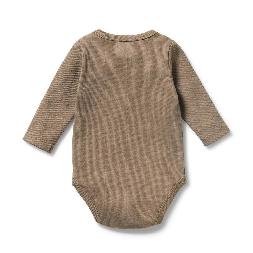 Organic Ribbed Long Sleeved Bodysuit - Walnut