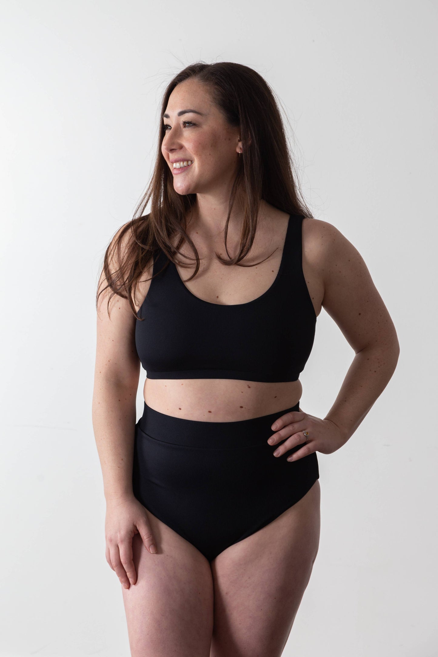 Solid Black Ribbed Women's High Waist Bikini Bottom