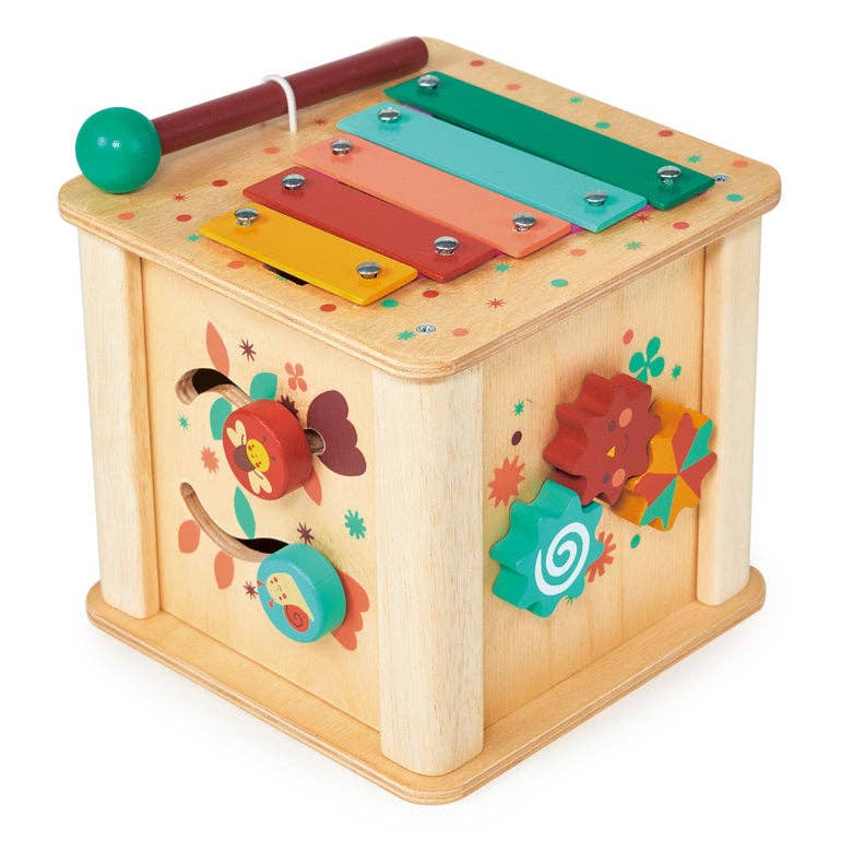 
                  
                    A wooden activity cube toy with a xylophone on top, a green mallet, and colorful side dials and gears, photographed on a clean white background.
                  
                