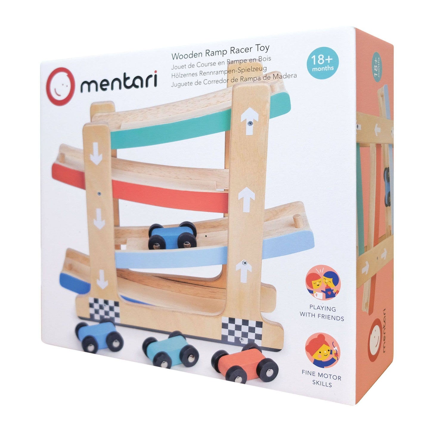 
                  
                    Mentari Wooden Ramp Racer Toy retail packaging box, showing the wooden ramp structure with colorful tracks and toy cars, plus age and feature callouts on a white background.
                  
                