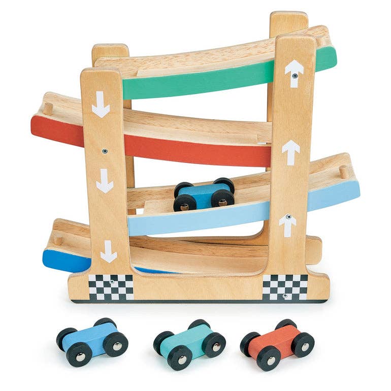 
                  
                    Wooden toy track with cars on a white background.
                  
                