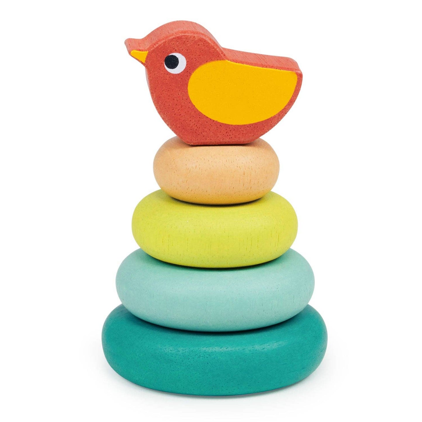 Colorful wooden stacking toy shaped like a bird on a white background.