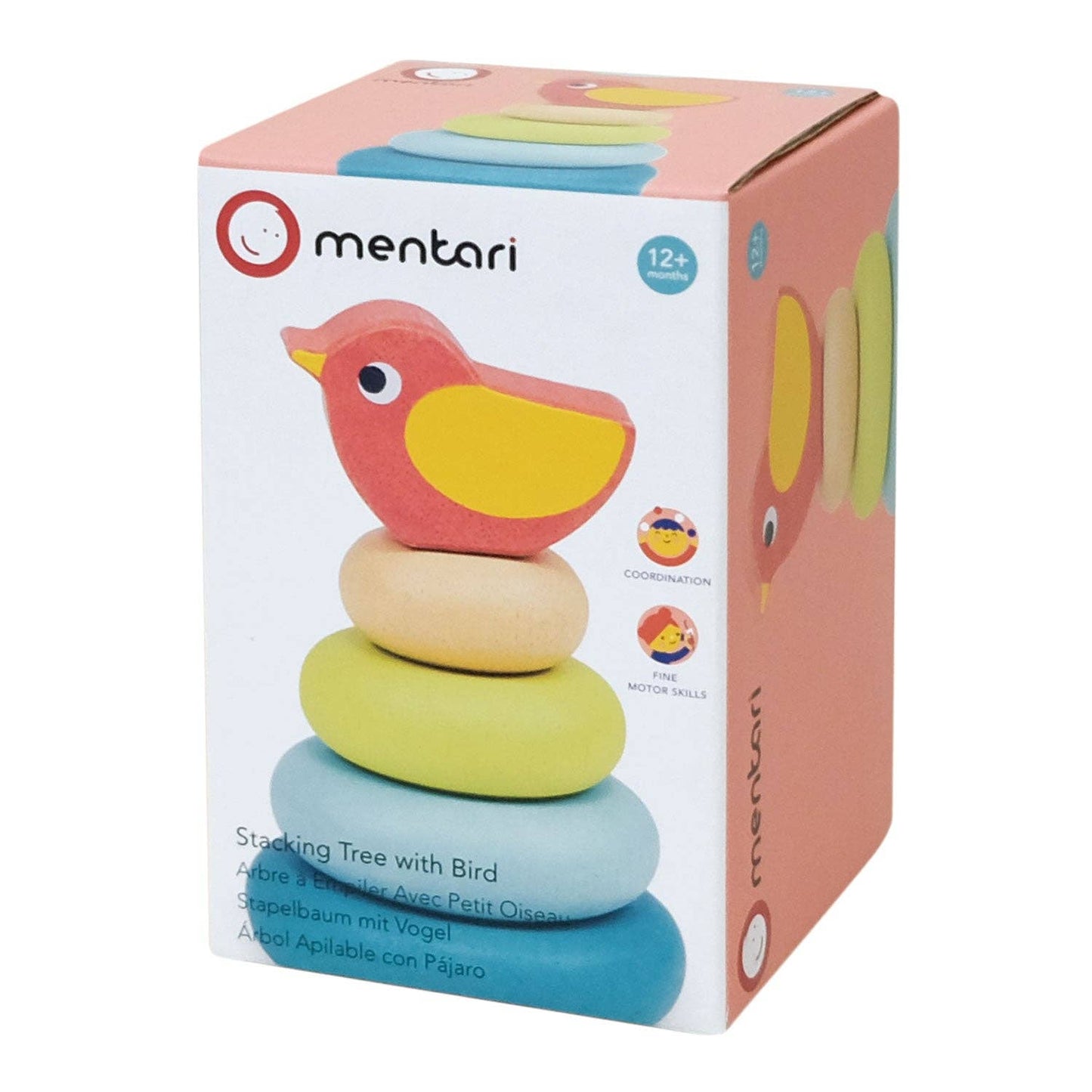 
                  
                    Mentari stacking toy with bird design on packaging.
                  
                