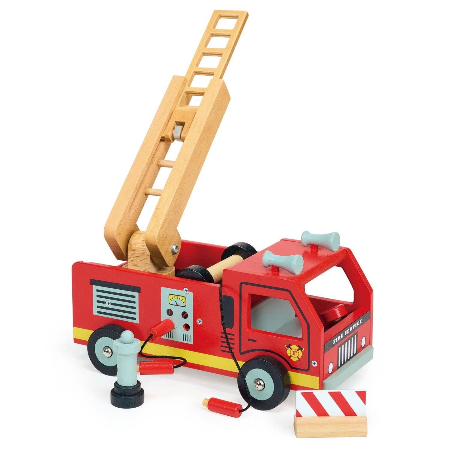 
                  
                    Toy fire truck with wooden ladder on a white background.
                  
                