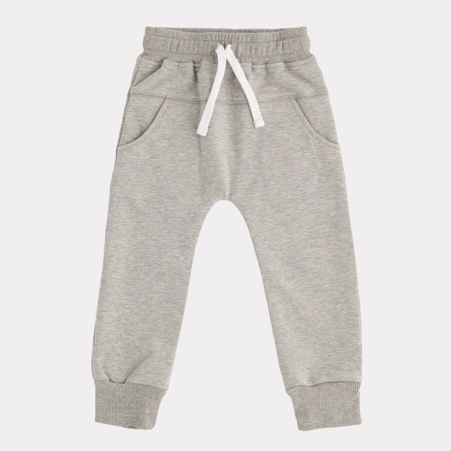 
                  
                    Light gray heather jogger pants for kids, featuring an elastic waistband with white drawstrings, side pockets, and ribbed ankle cuffs, shown against a light gray background.
                  
                