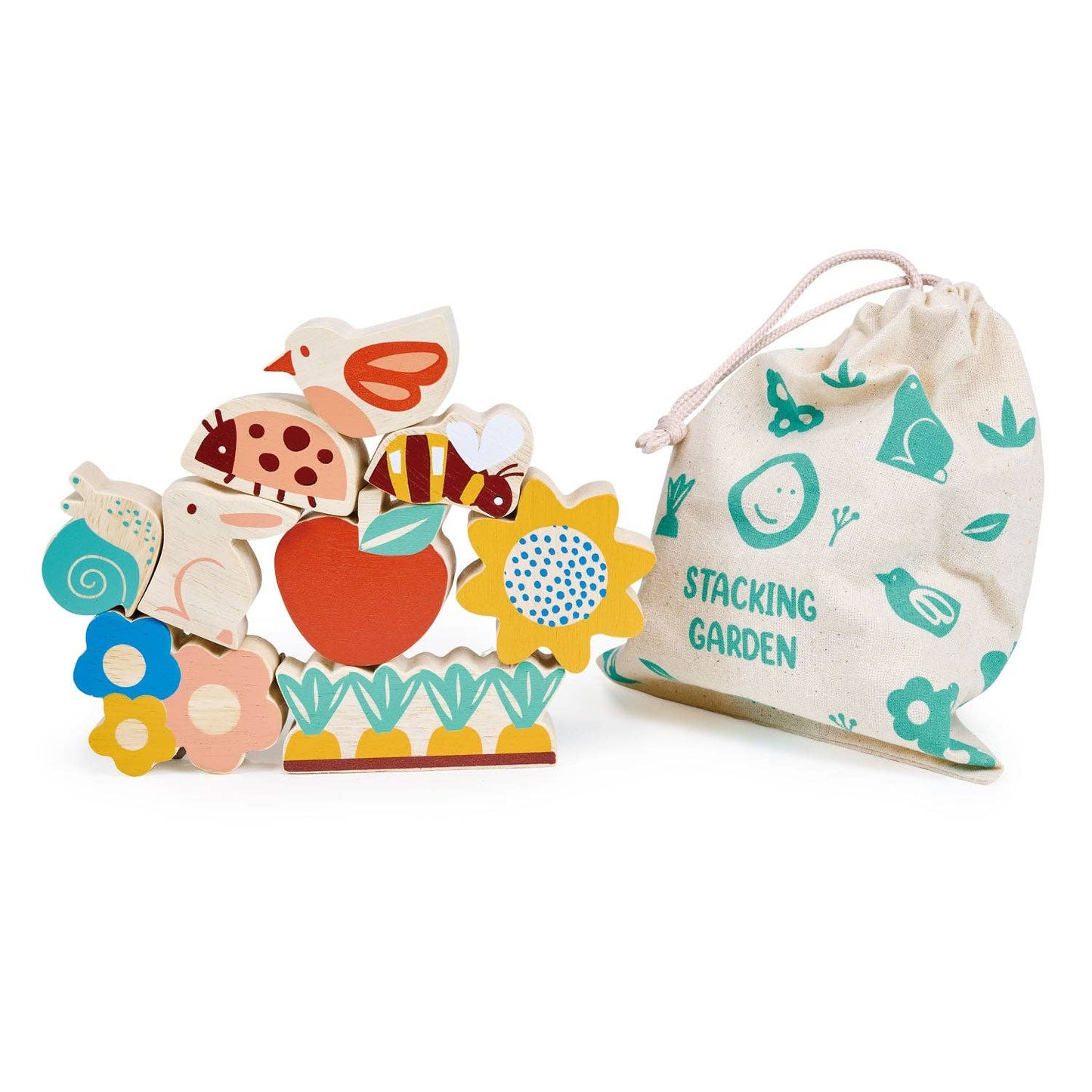 
                  
                    Stacking garden toy set with colorful wooden pieces and a drawstring bag on a white background.
                  
                
