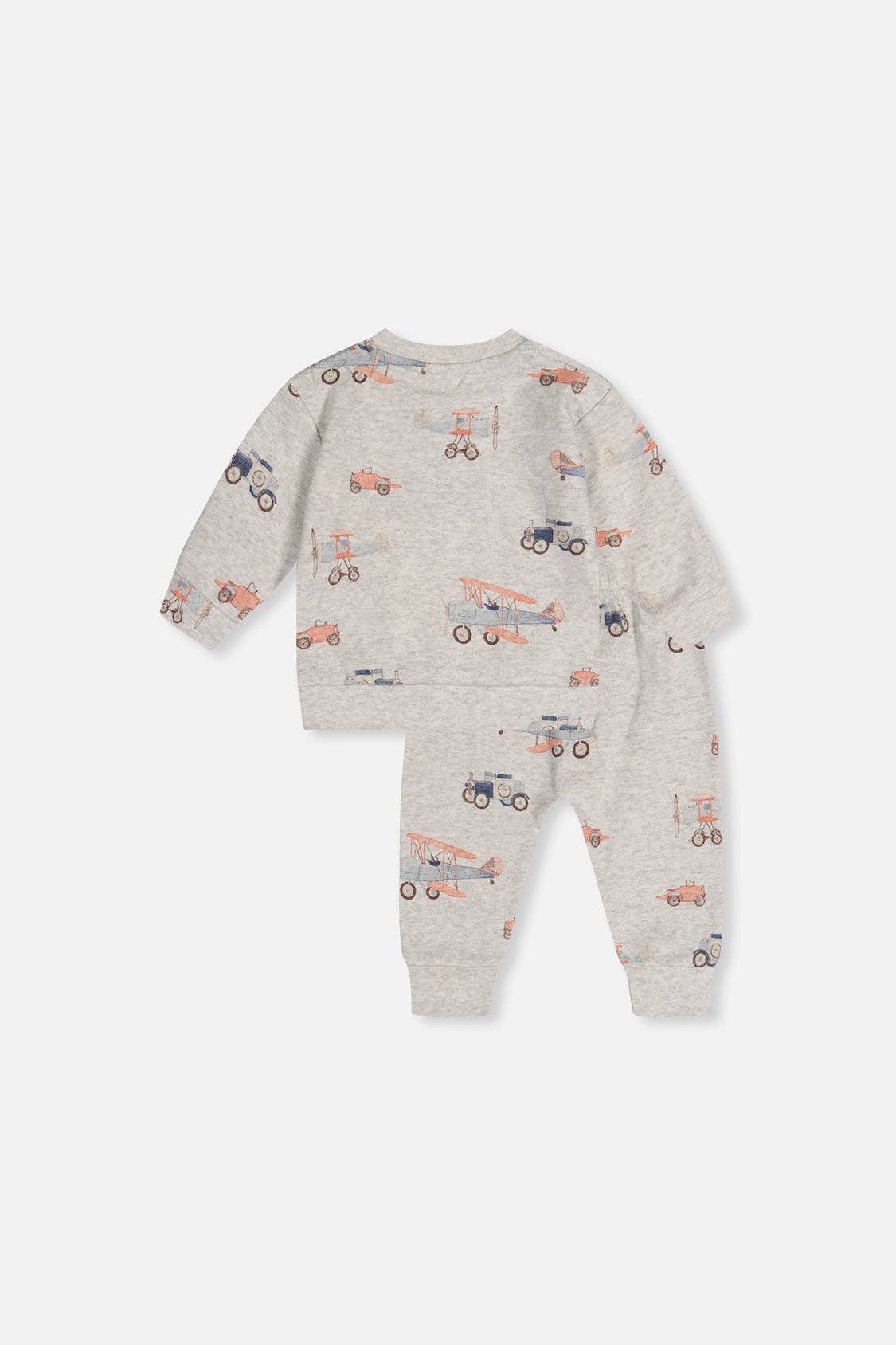 
                  
                    A baby two-piece top and pant set featuring a light heather gray long-sleeve top and matching pants, both decorated with a playful pattern of orange and blue airplanes, shown against a plain light gray background.
                  
                