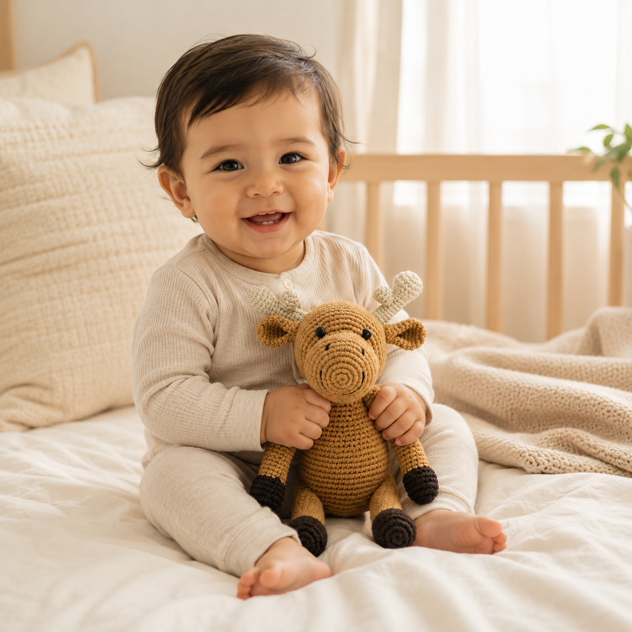 
                  
                    A smiling baby sitting on a cream bed holding a crocheted moose plush toy. The baby is wearing a light beige ribbed long-sleeve top and matching pants, with a neutral knit blanket and wooden crib in the background.
                  
                
