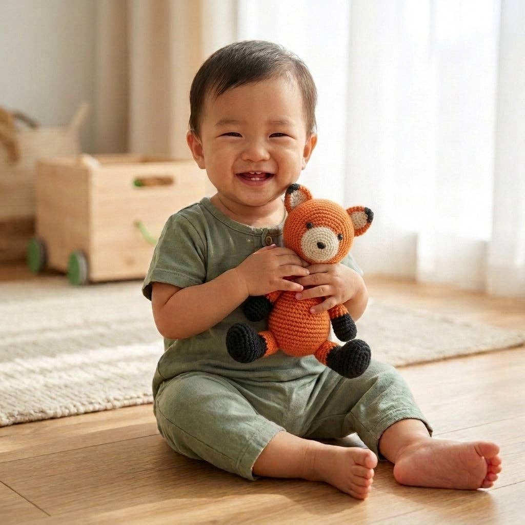 
                  
                    A smiling toddler sitting on a wooden floor in a bright room, holding a crocheted orange fox toy.
                  
                