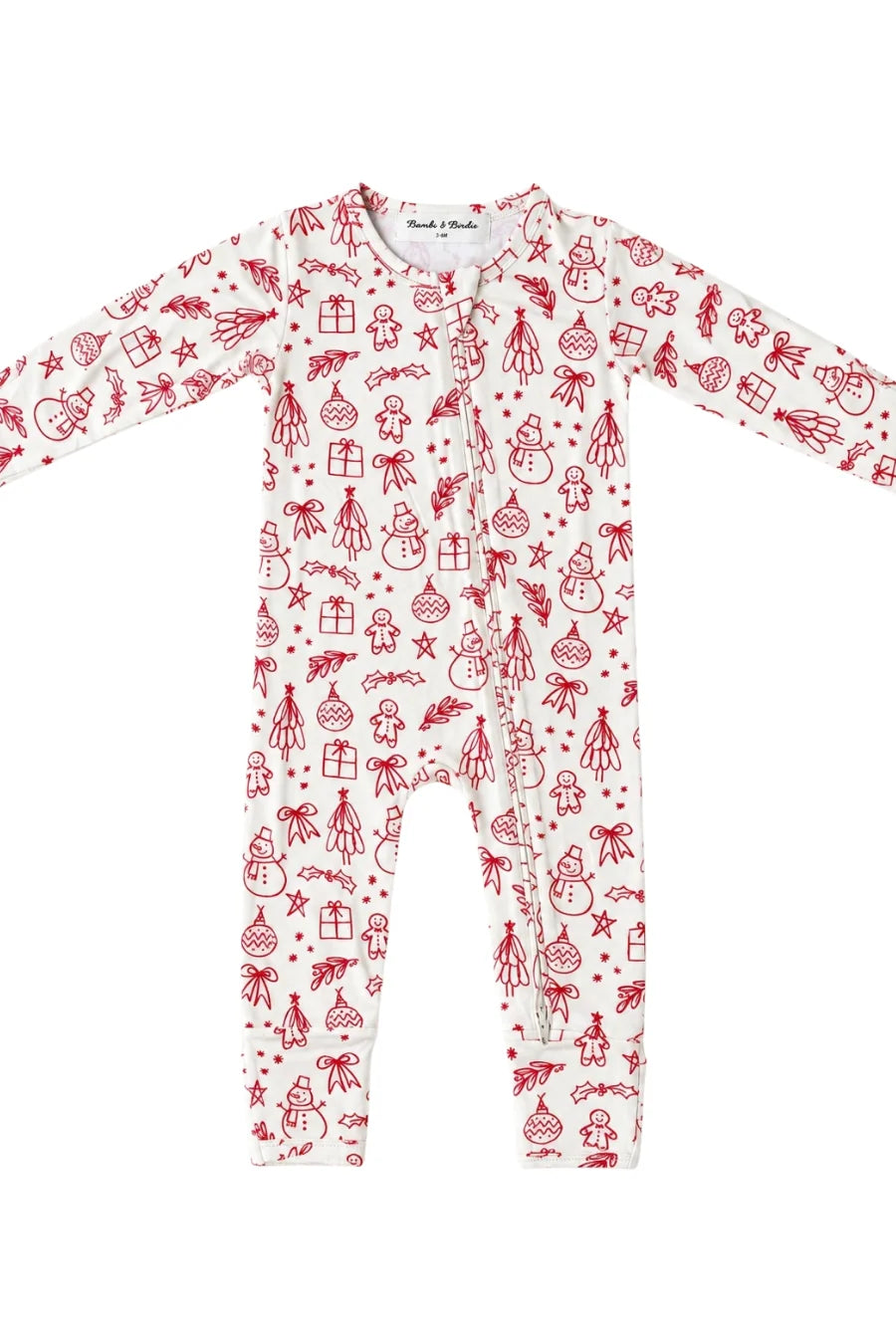 A baby long-sleeve footless one-piece jumpsuit in white with a red Christmas-themed doodle print, shown flat against a white background.
