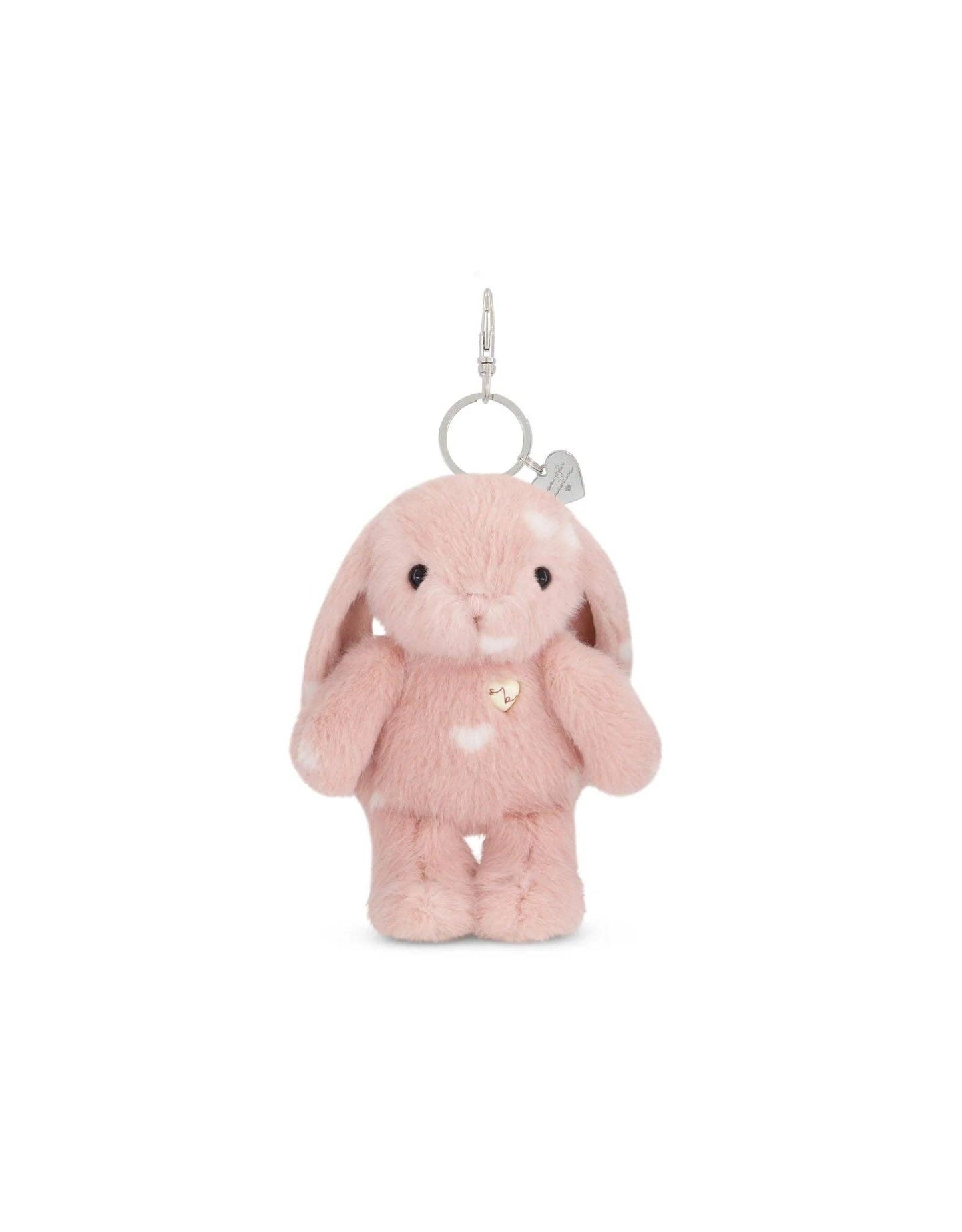 
                  
                    Pink plush bunny keychain on a white background.
                  
                