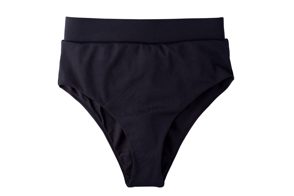 Solid Black Ribbed Women's High Waist Bikini Bottom