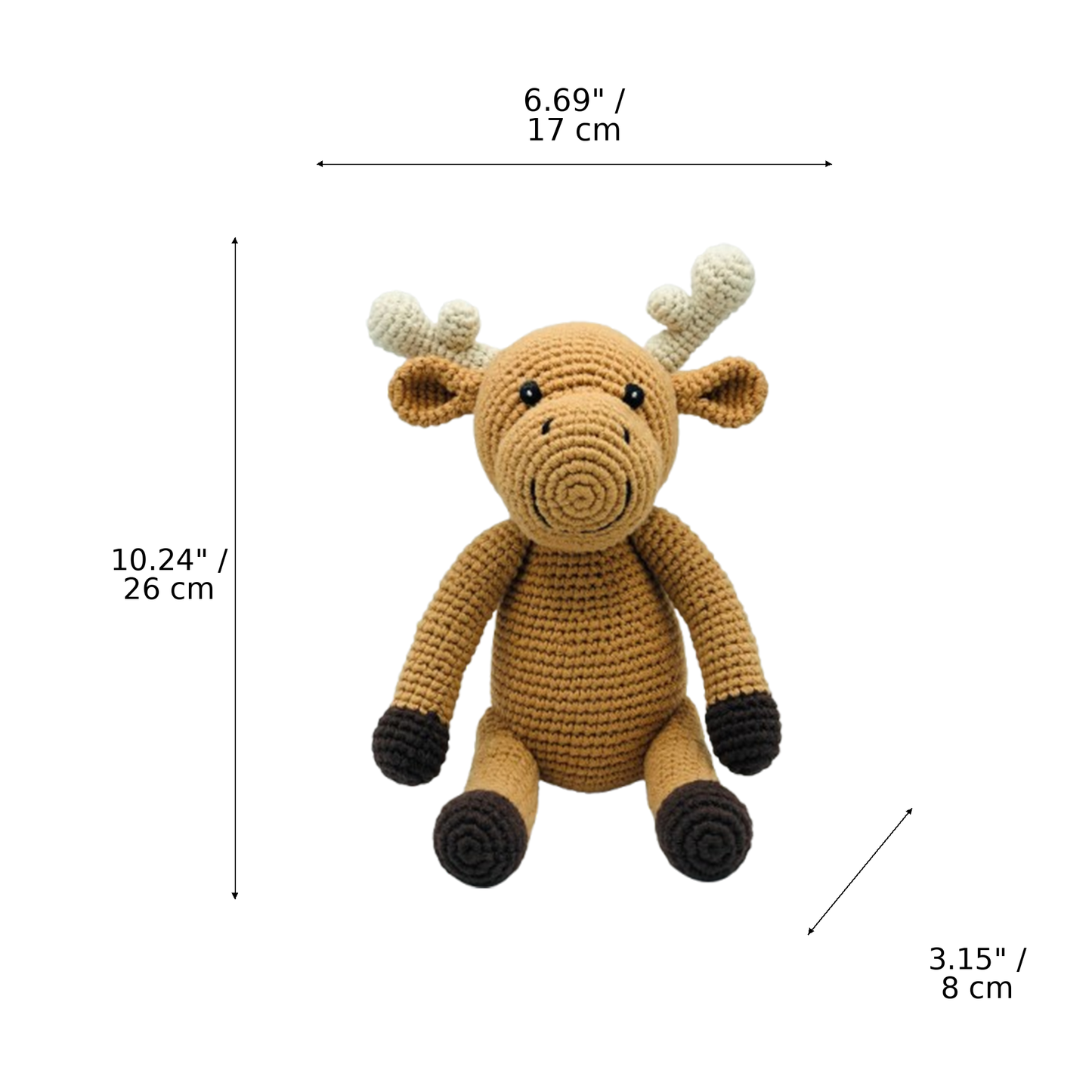 
                  
                    Crocheted moose toy with dimension labels showing width 6.69" (17 cm), height 10.
                  
                