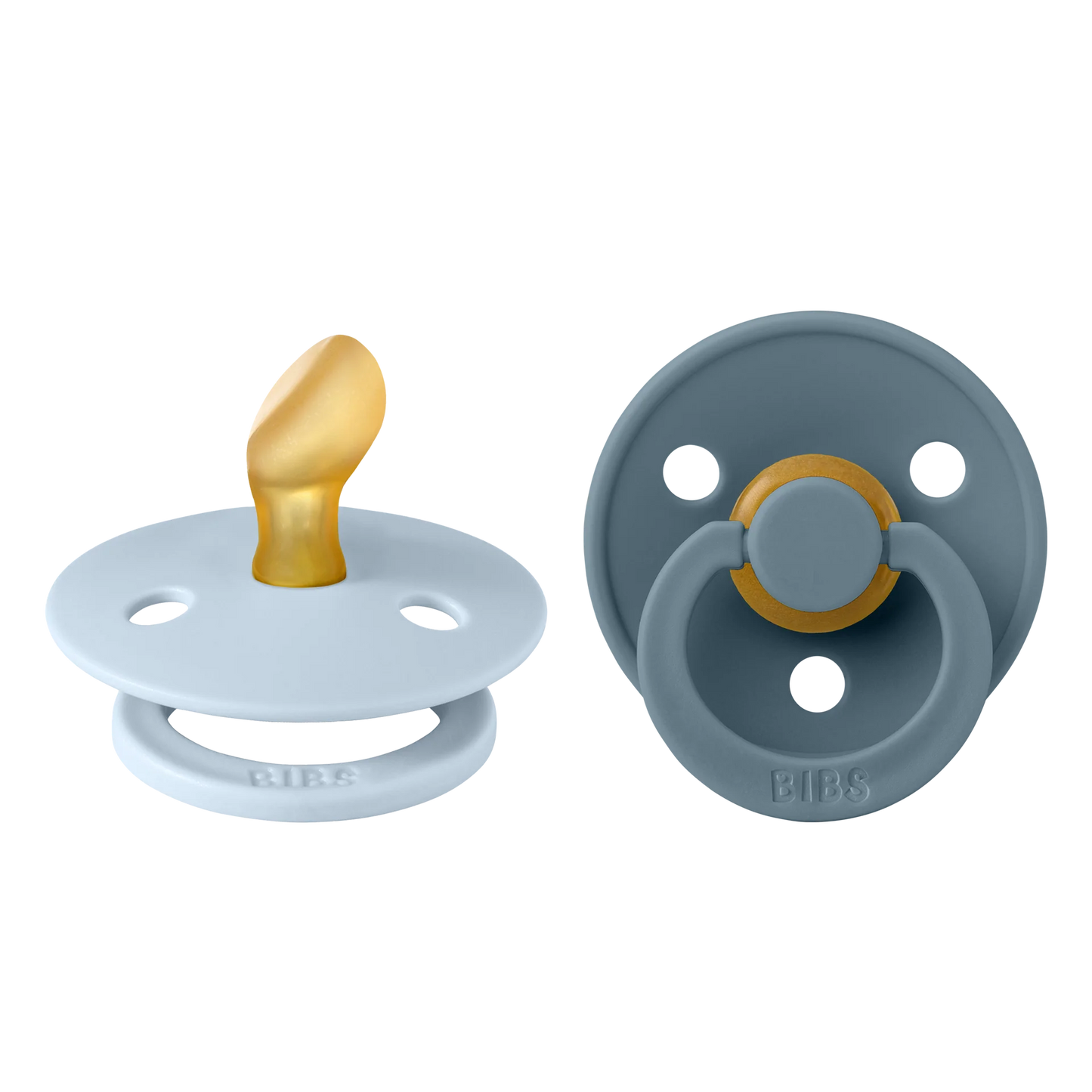 Two baby pacifiers, one light blue and one gray on a white background.