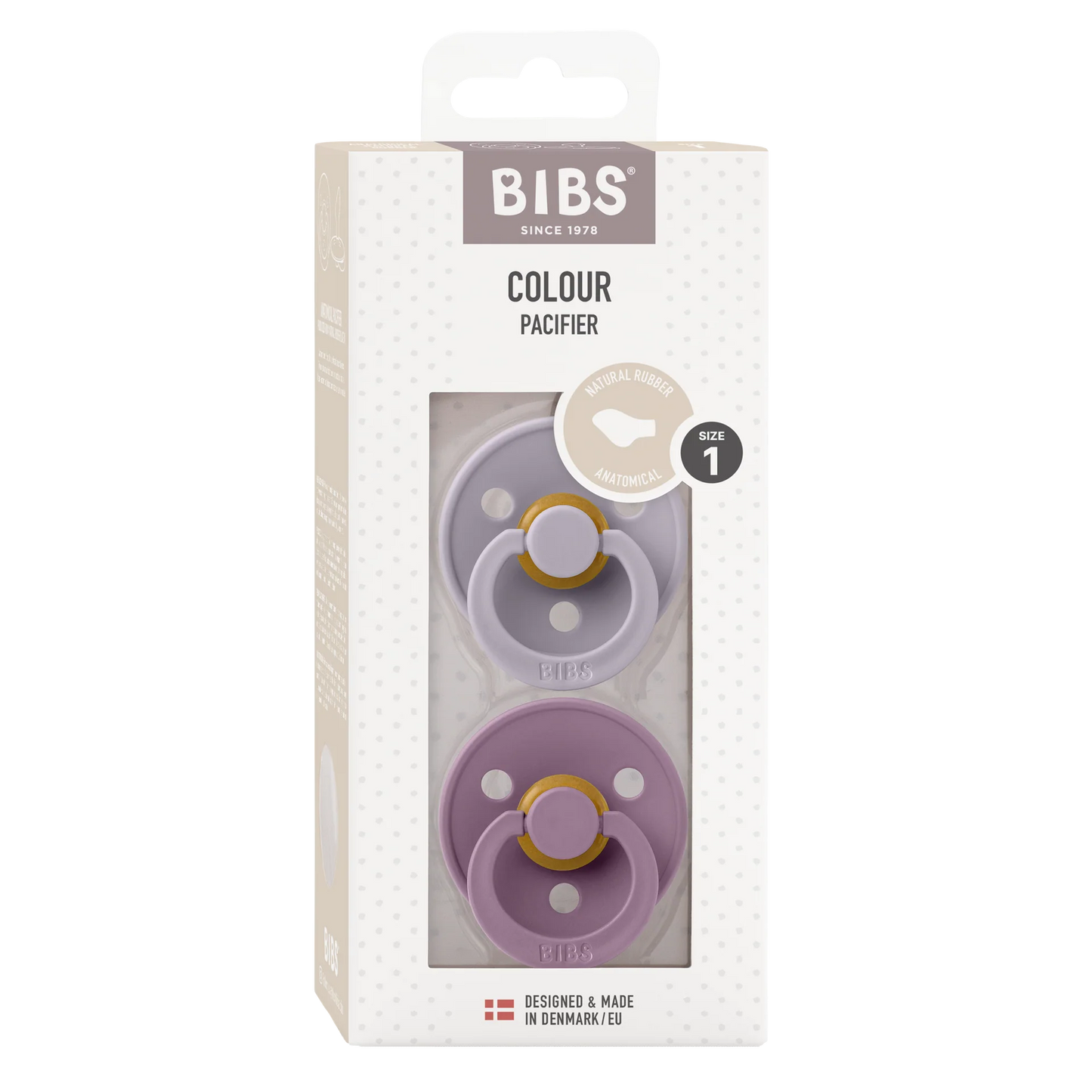 BIBS pacifier packaging with two purple pacifiers on a white background