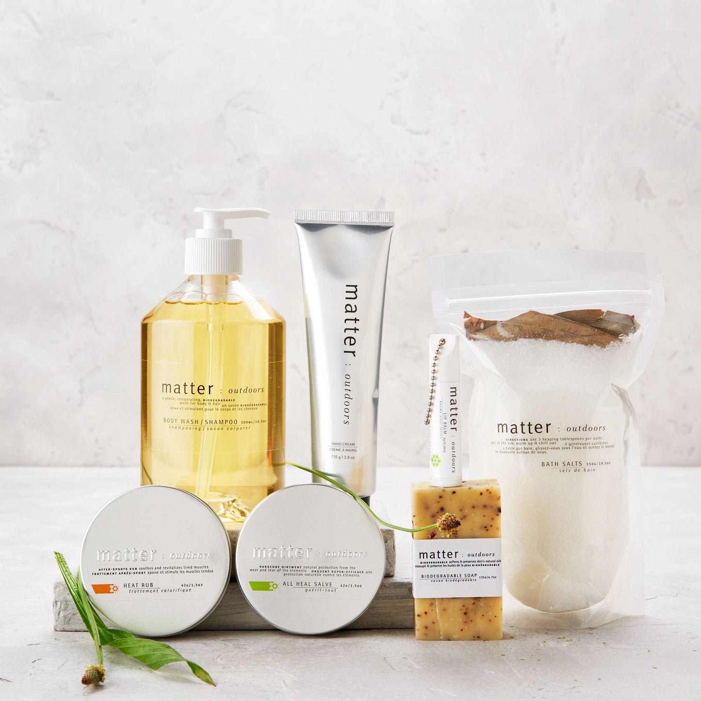 
                  
                    Collection of 'matter' skincare and bath products on a light background
                  
                