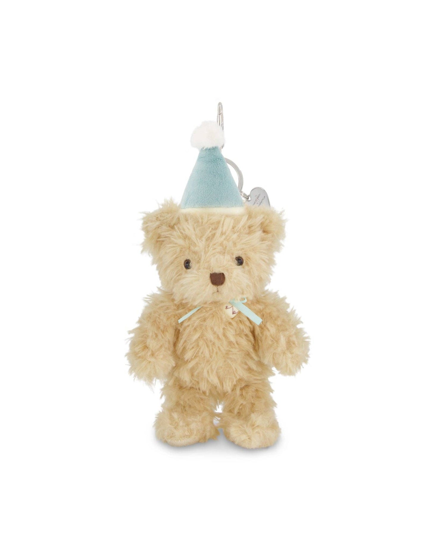 
                  
                    Teddy bear wearing a blue party hat on a white background.
                  
                