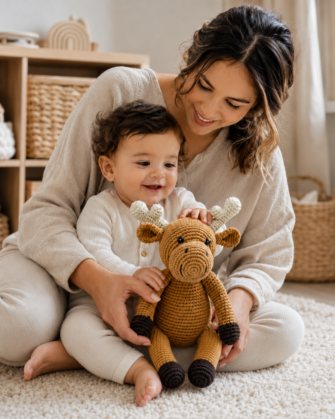 
                  
                    A woman and a baby sit on a cream carpet in a nursery, smiling and holding a crocheted moose toy. The woman wears a beige long-sleeve top and matching pants, and the baby wears a white long-sleeve romper.
                  
                