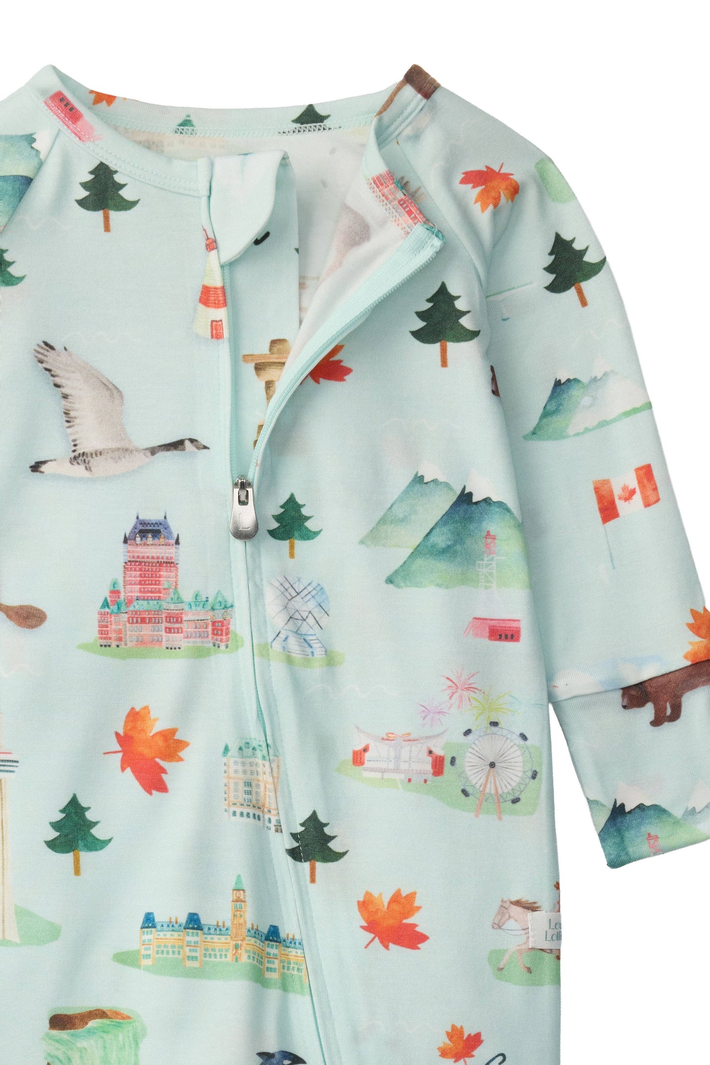 
                  
                    Children's onesie with a scenic and nature-themed print on a light blue background.
                  
                