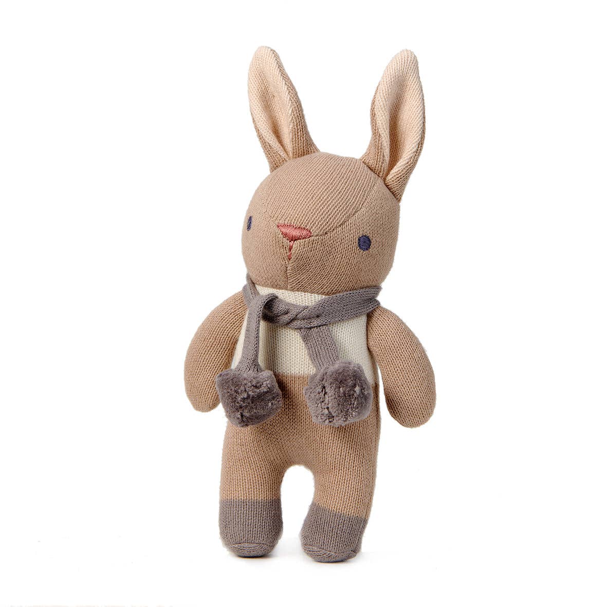 
                  
                    Knitted bunny toy with a scarf on a white background.
                  
                