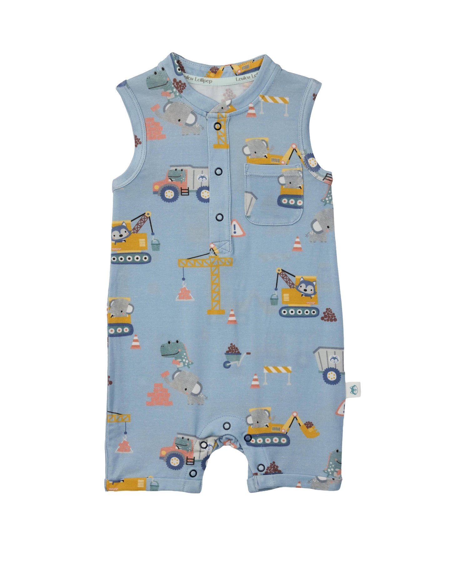 Baby romper with construction vehicle pattern on a light blue background.