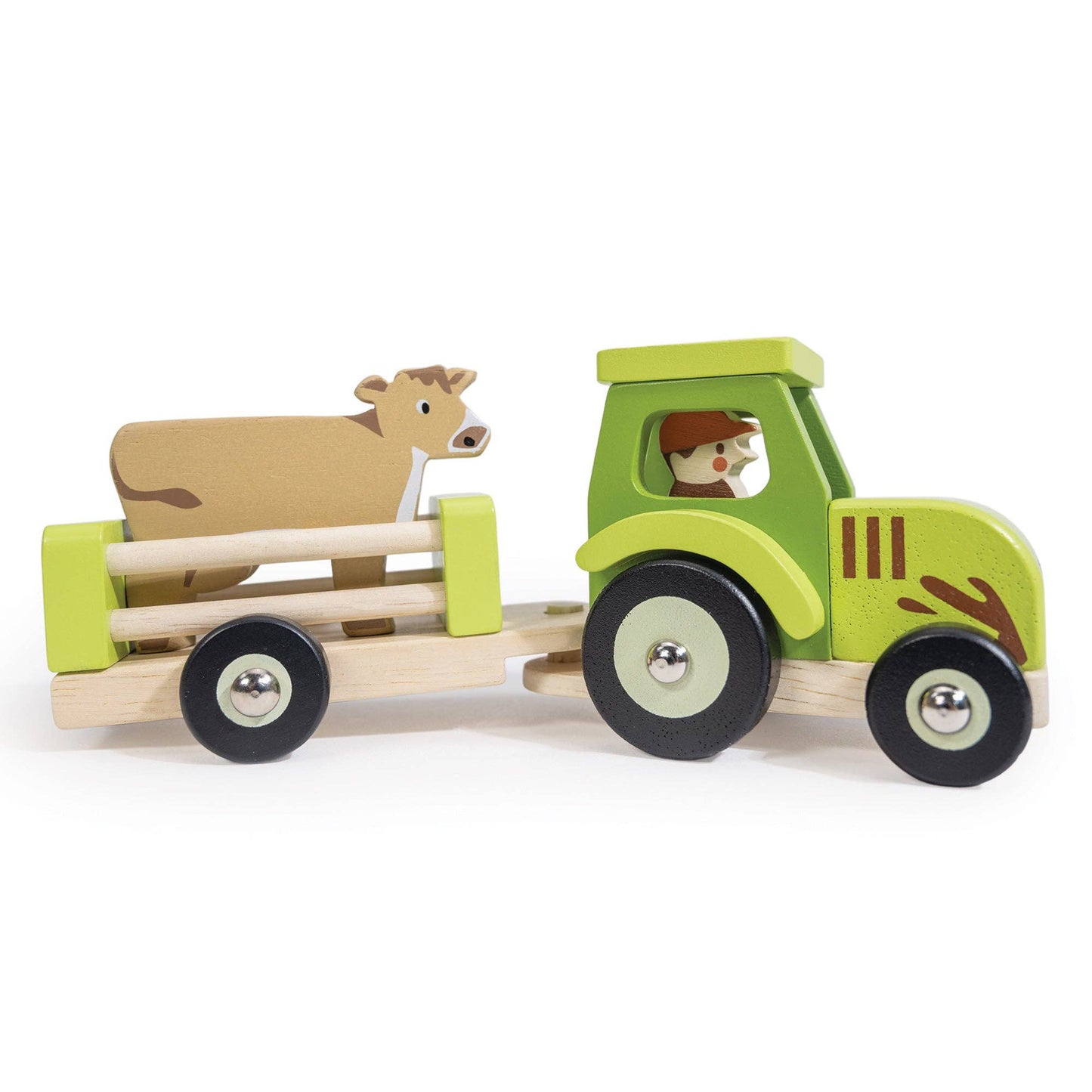 
                  
                    Wooden toy tractor with a trailer carrying a cow on a white background.
                  
                