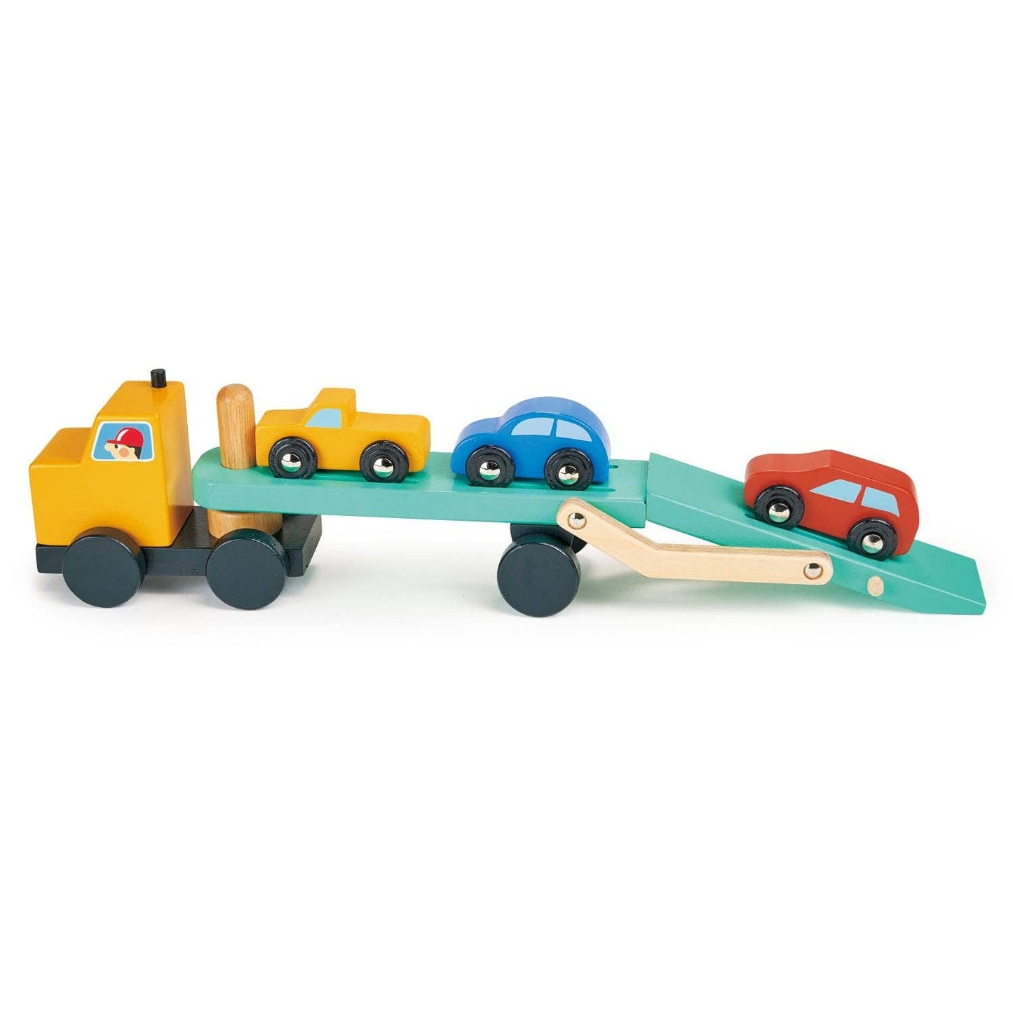 
                  
                    Wooden toy truck with a flatbed carrying three cars on a white background.
                  
                