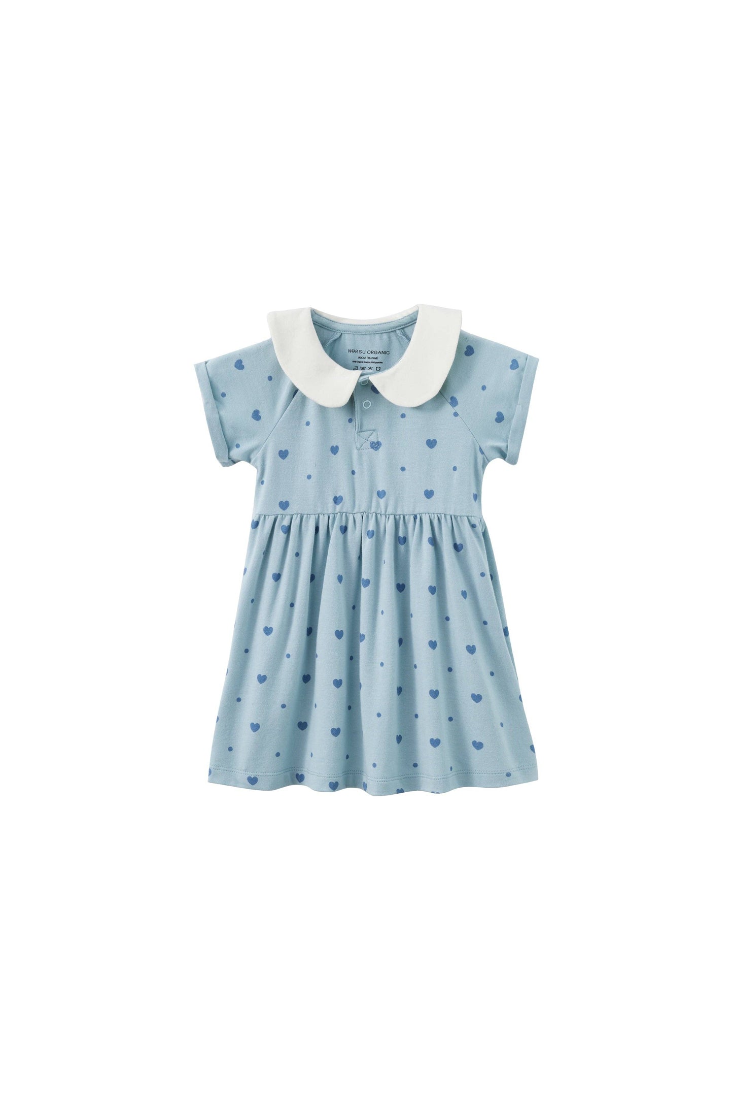Blue dress with white collar on a white background.