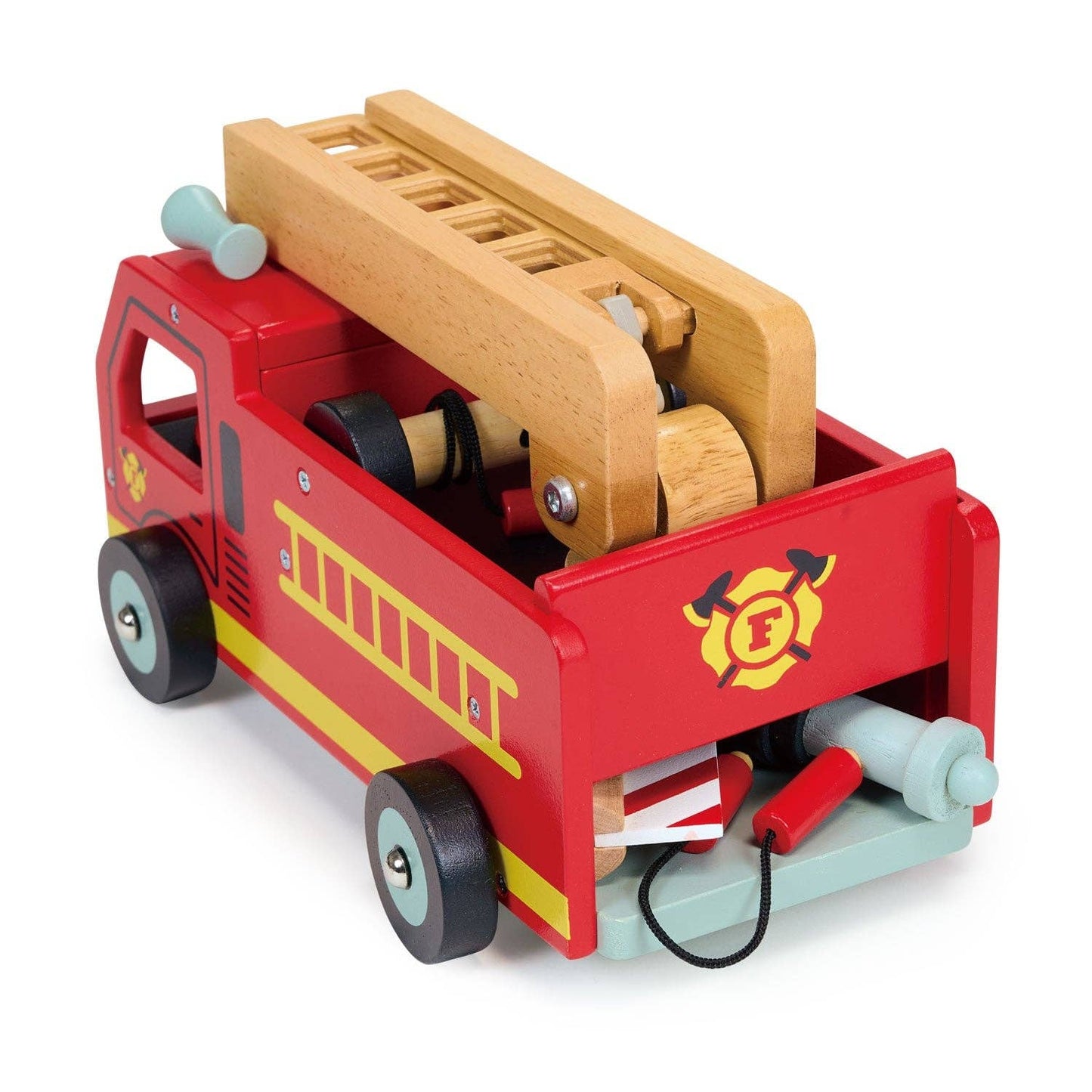 
                  
                    Wooden toy fire truck with a ladder on a white background.
                  
                