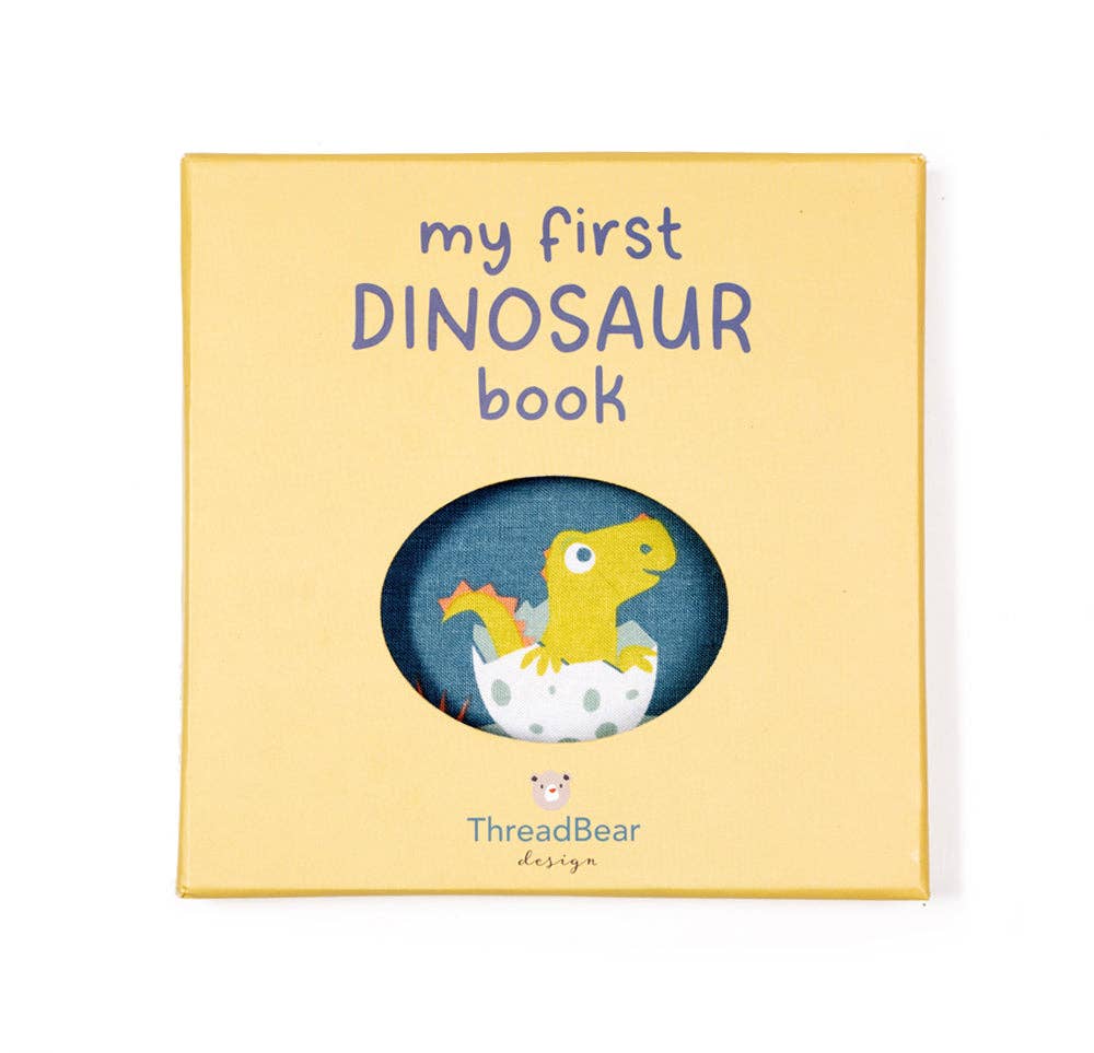 Children's book titled 'my first Dinosaur book' with a dinosaur illustration on a yellow background.