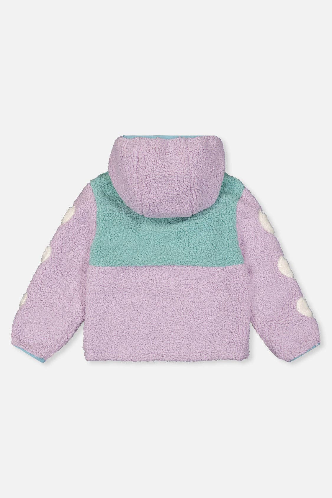 
                  
                    A children's sherpa fleece hooded jacket shown from the back, featuring a lavender body and sleeves, a mint green chest panel, and cream polka dots on the sleeves.
                  
                