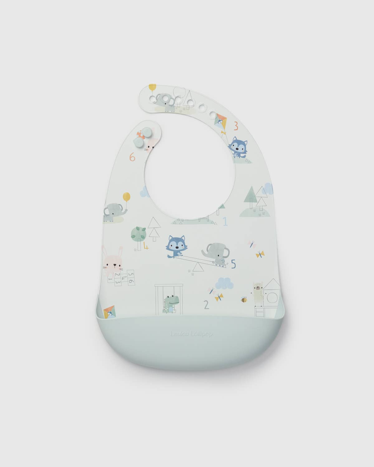 Baby bib with animal pattern on a light gray background.