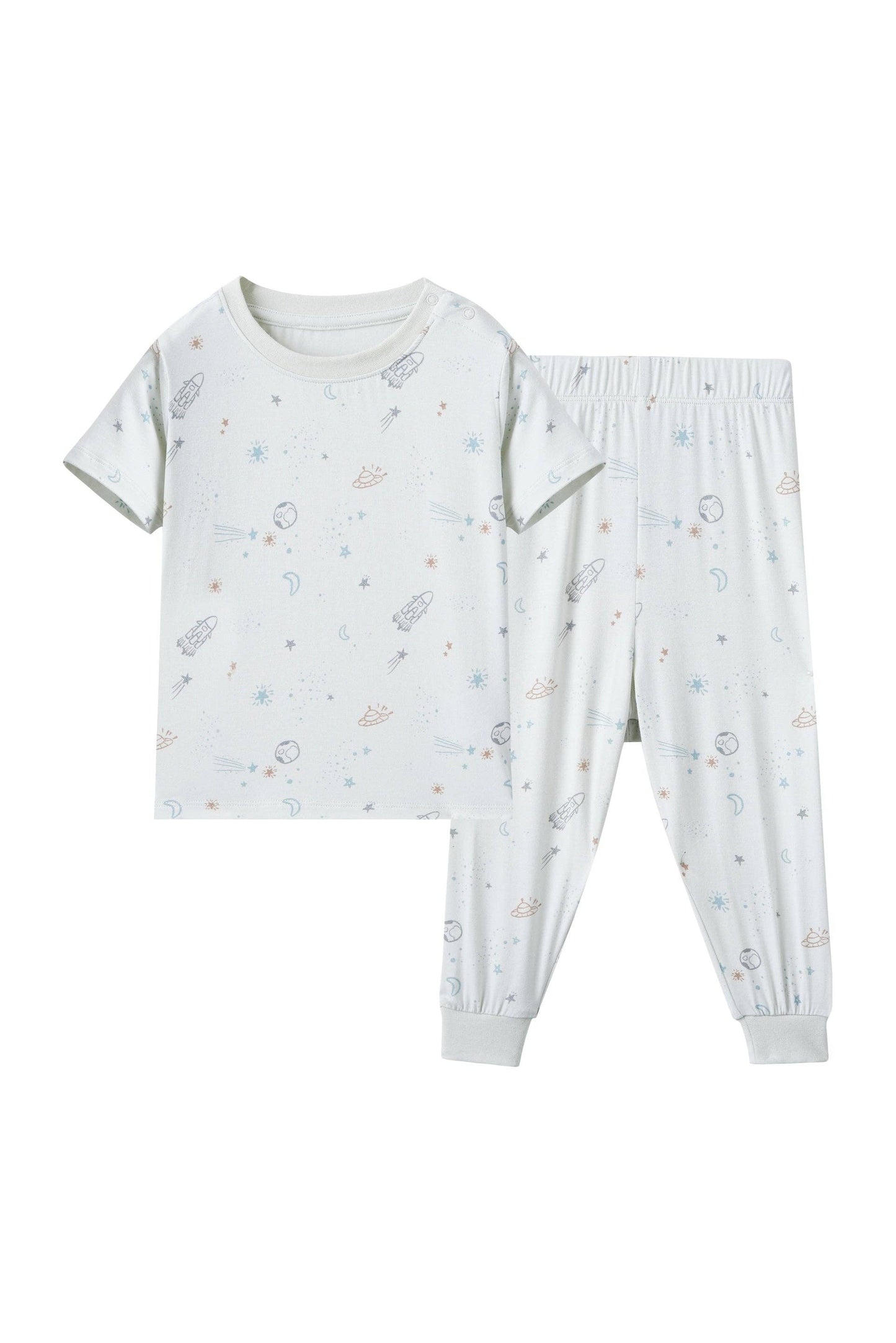Children's pajama set with short-sleeve top and pants on a white background.