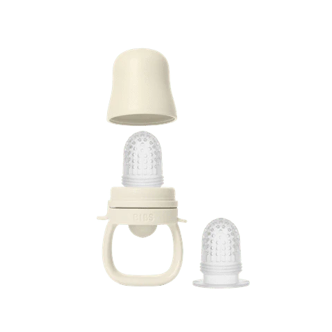 Baby feeder with two silicone nipples on a white background