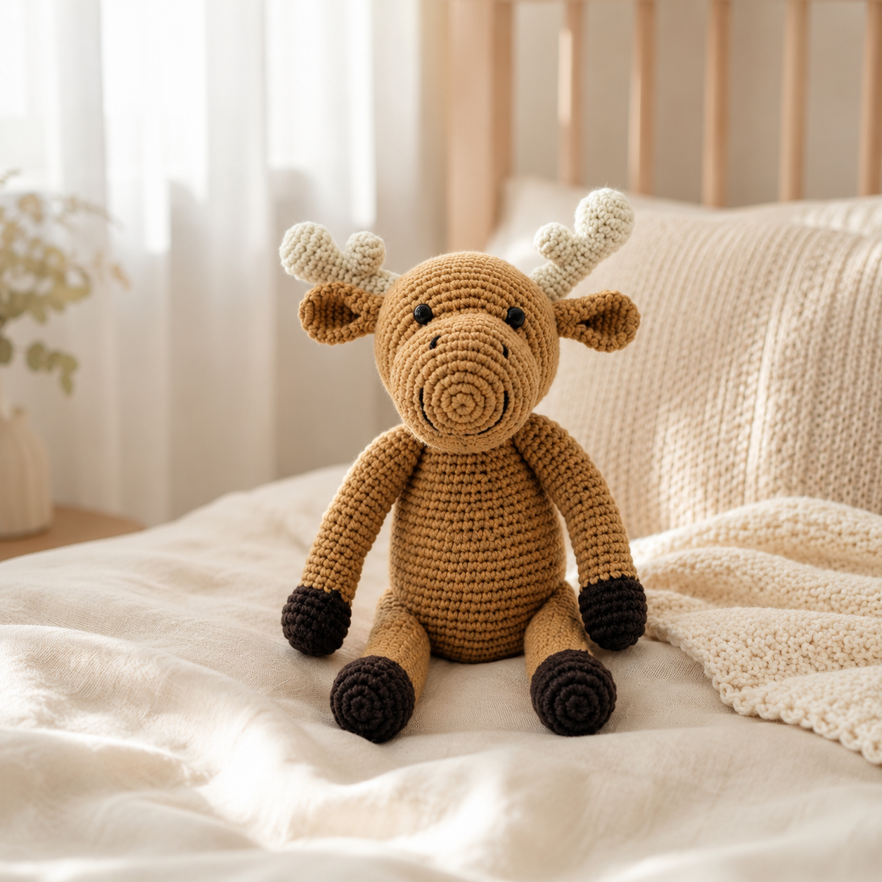 
                  
                    A crocheted moose plush toy sits centered on a soft cream bed with a knit blanket and wooden headboard in the background.
                  
                
