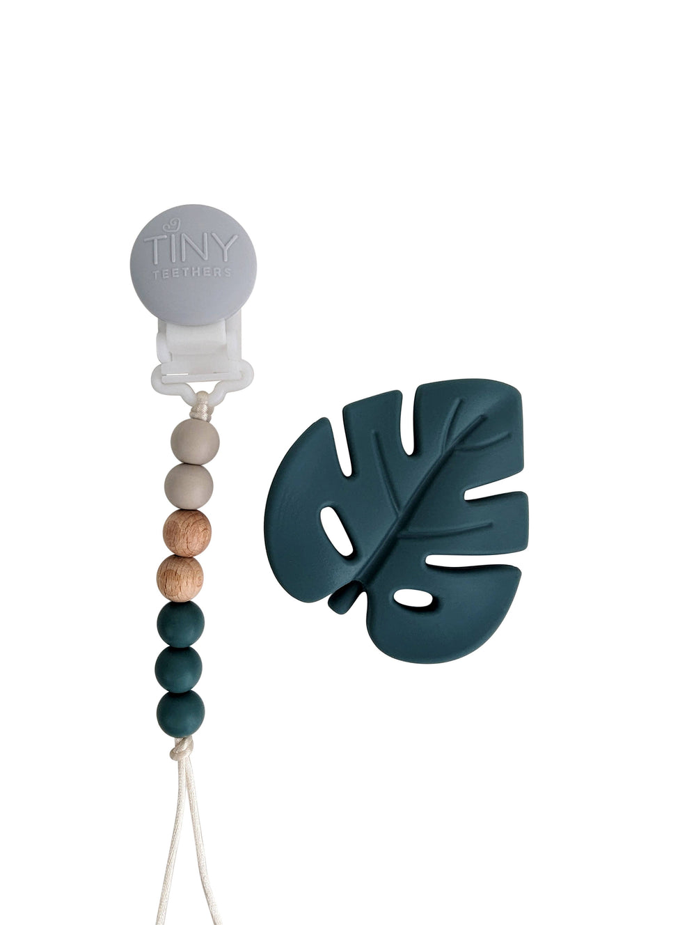 Montserrat Leaf Teether on a Beaded Strand: Blue Pine