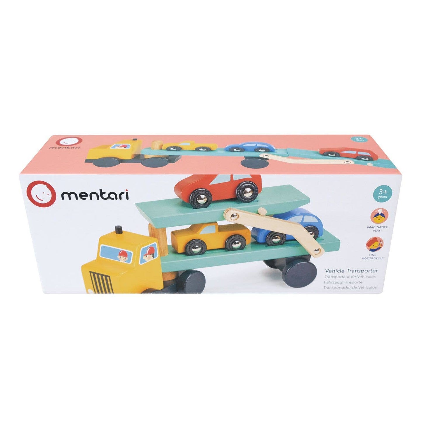 
                  
                    Boxed toy vehicle transporter with colorful cars on a white background.
                  
                