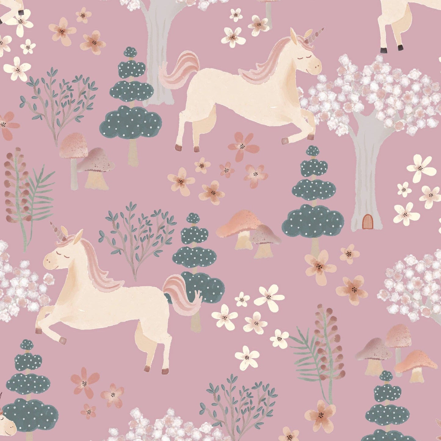
                  
                    Unicorns and forest elements on a pink background
                  
                