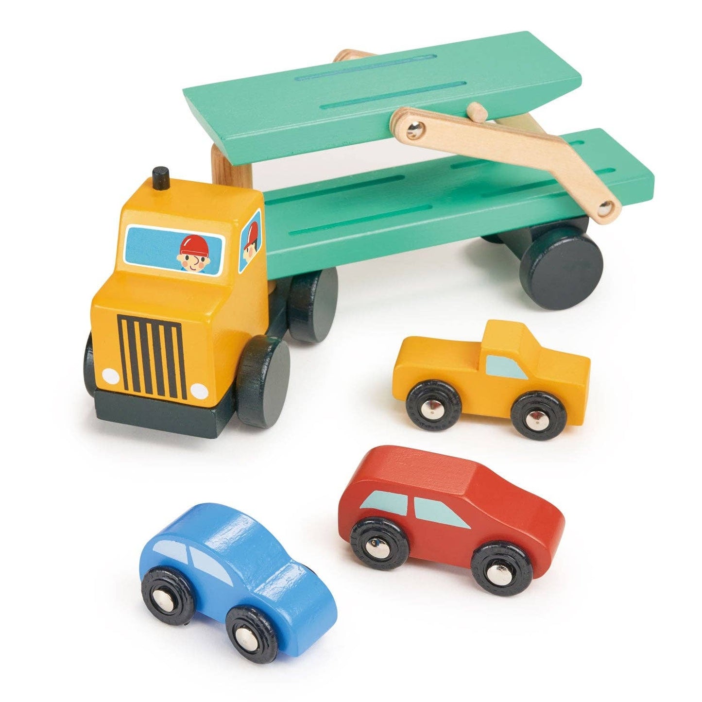 
                  
                    Wooden toy truck with a flatbed carrying smaller toy cars on a white background.
                  
                