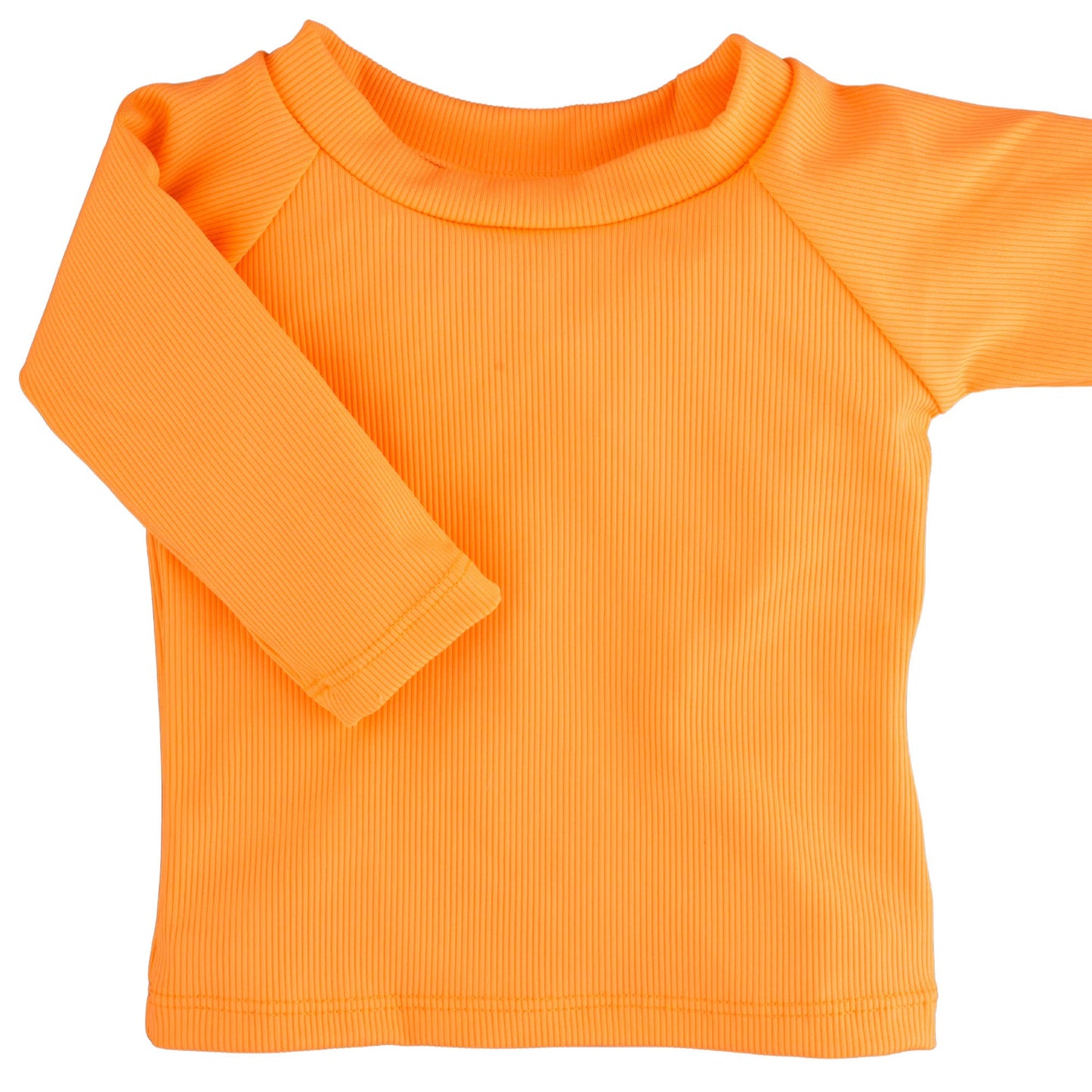 
                  
                    Orange long-sleeve rash guard shirt on a white background
                  
                