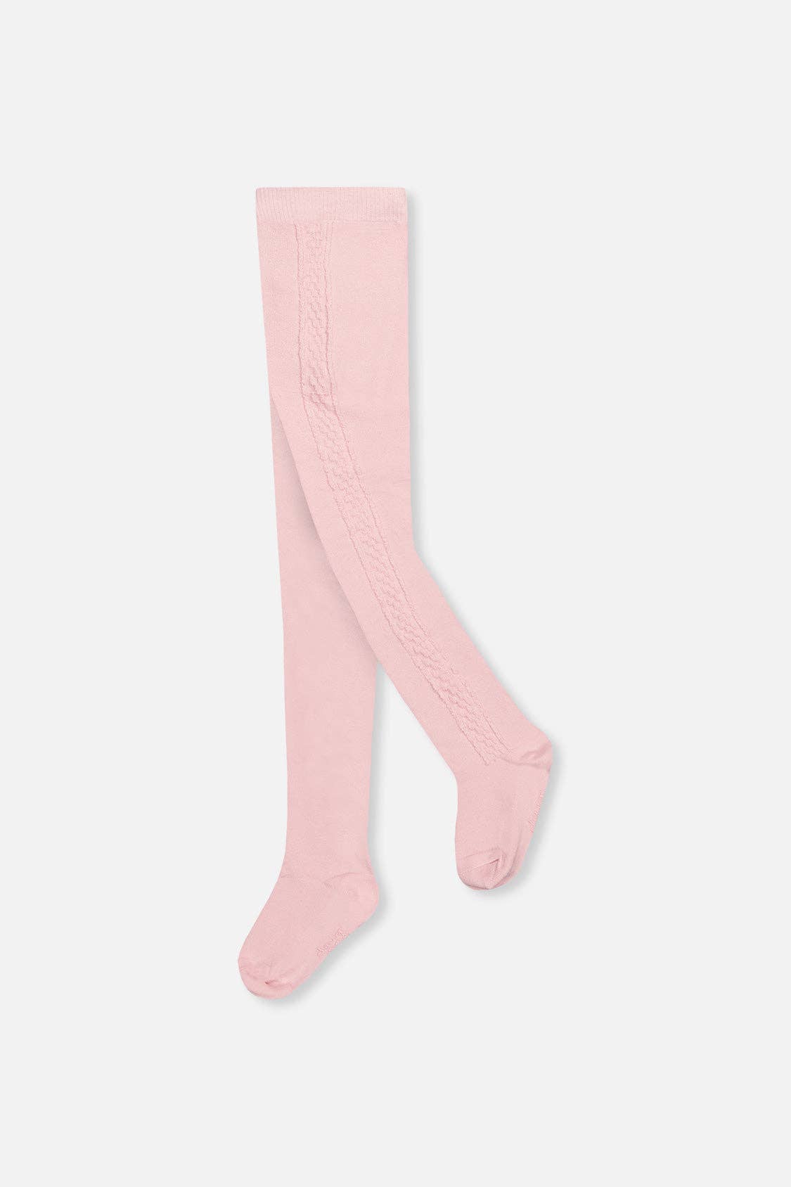 A pair of light pink knit tights with a textured cable-knit pattern down the outer leg, displayed against a clean, light gray background.