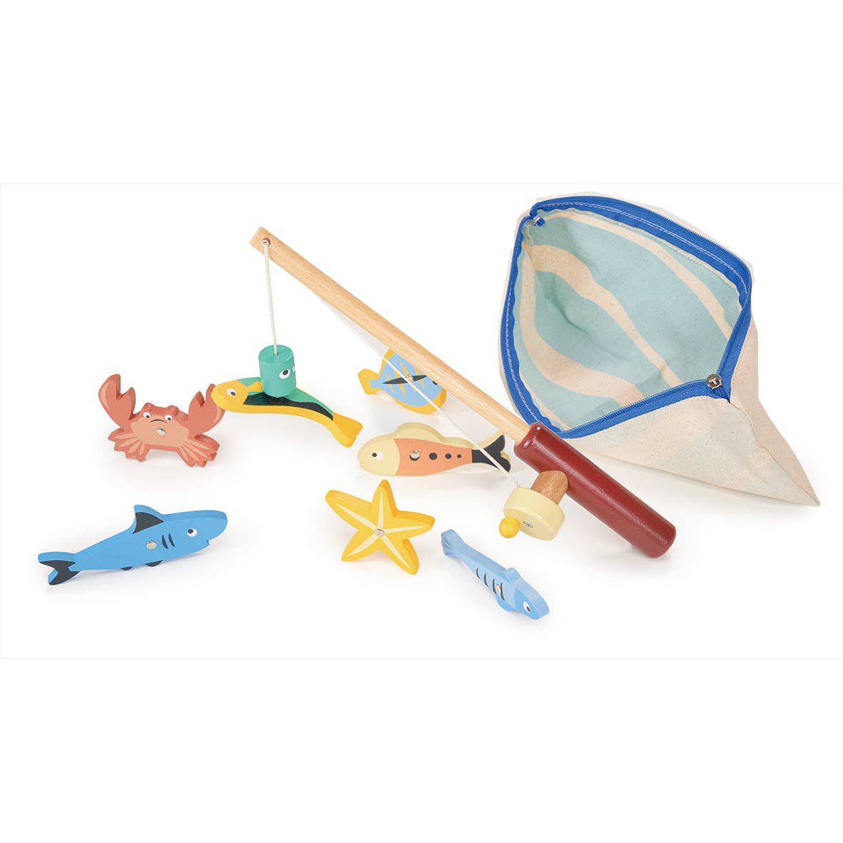 
                  
                    Toy fishing set with colorful fish, a net, and a rod on a white background.
                  
                
