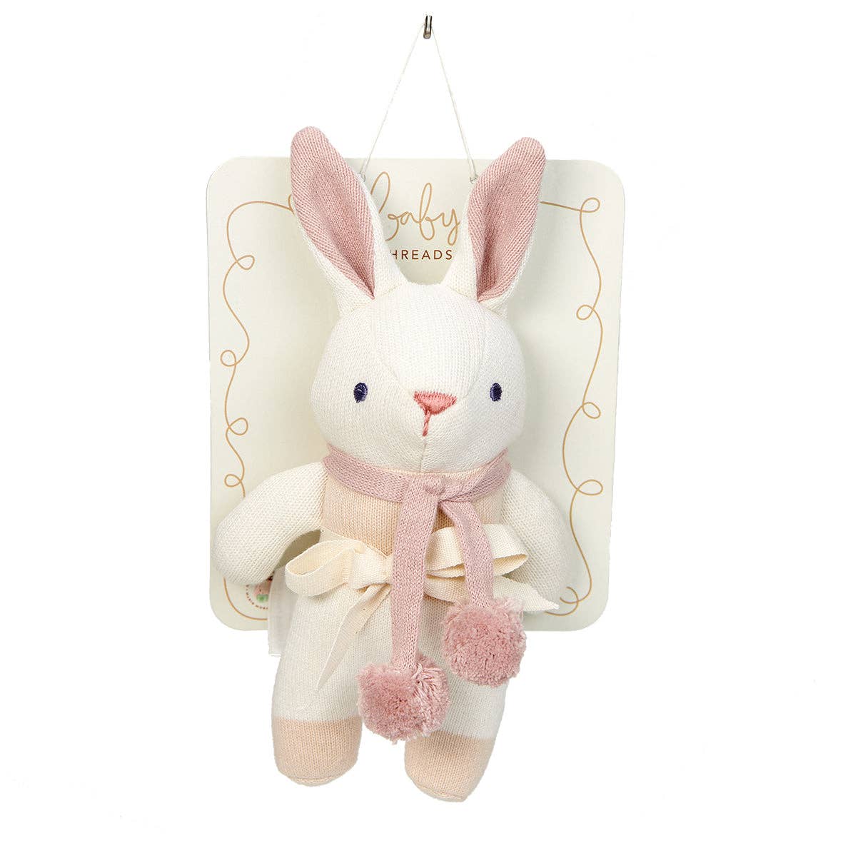
                  
                    Plush rabbit toy with pink accents on a branded card.
                  
                