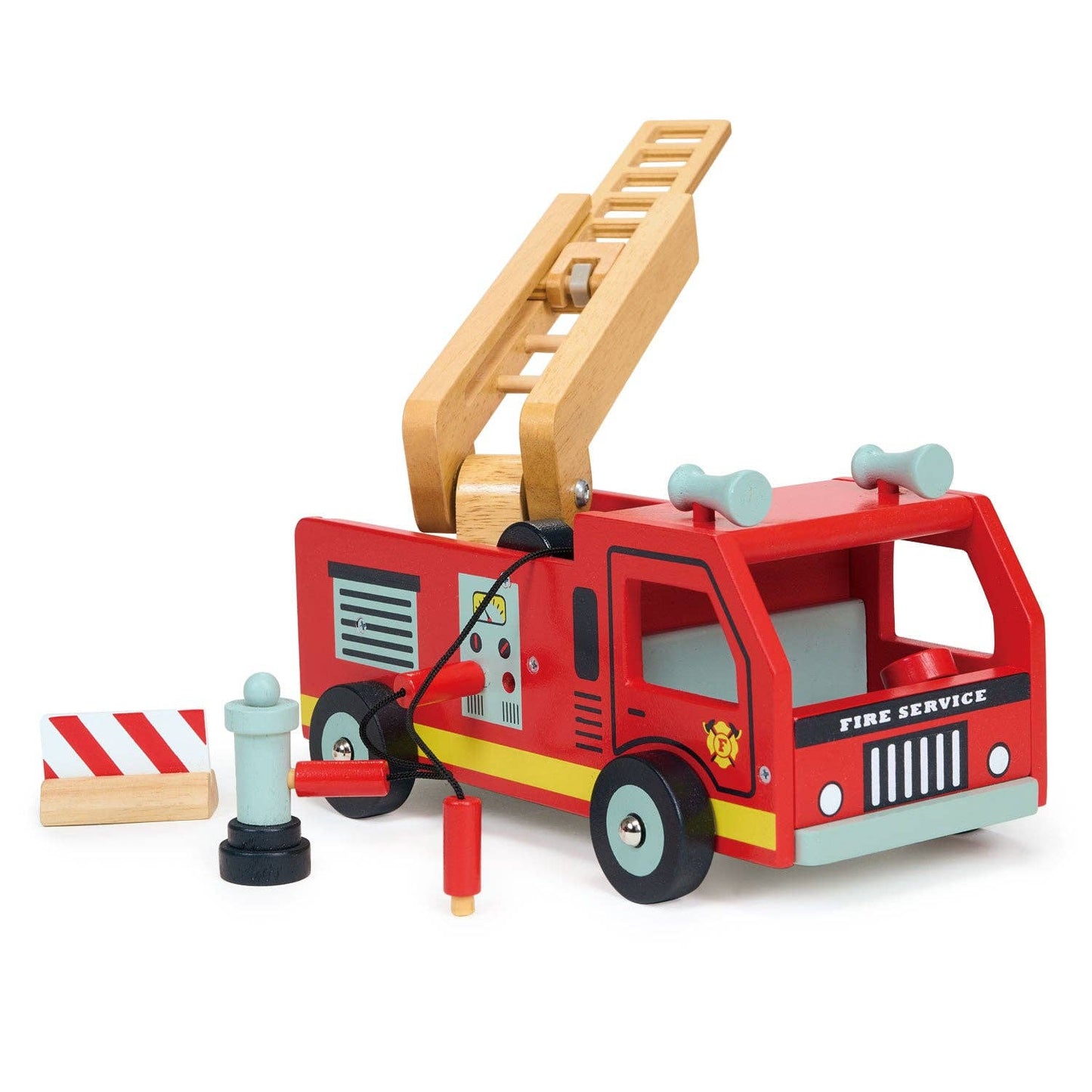 
                  
                    Wooden toy fire truck with ladder on a white background.
                  
                