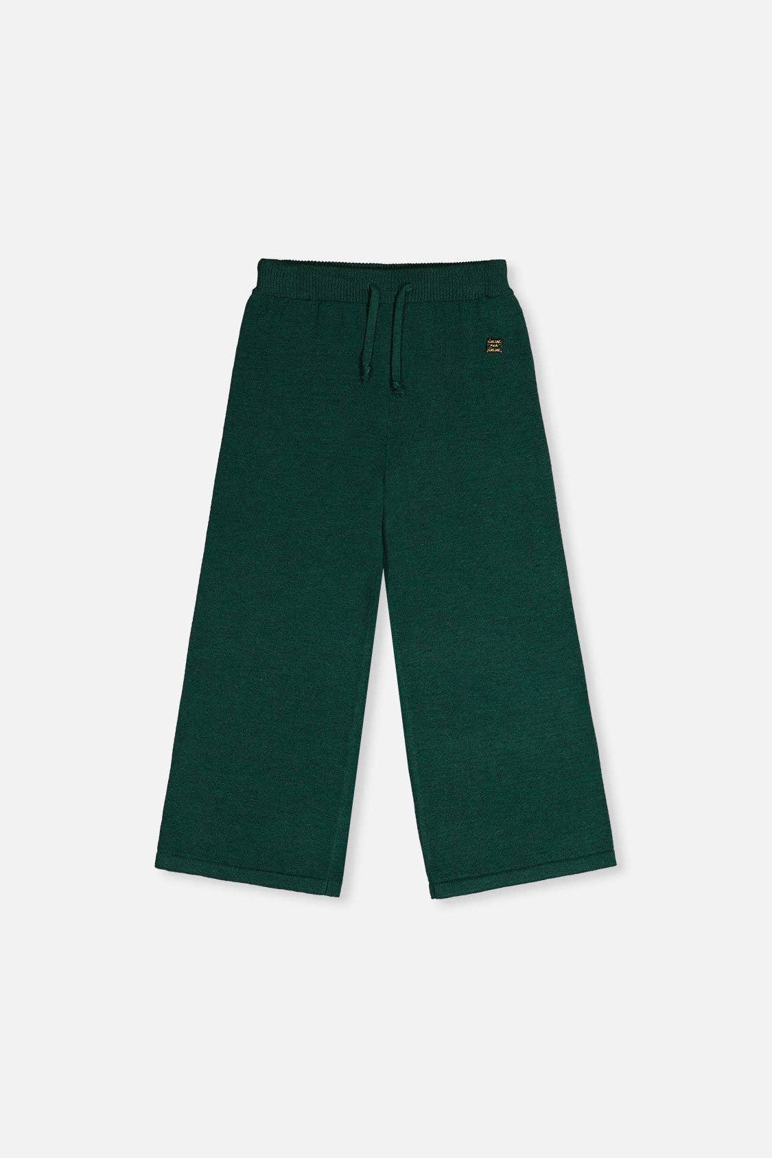 Dark green wide-leg sweatpants with a drawstring waist and a small embroidered logo on the left hip, shown flat on a light gray background.
